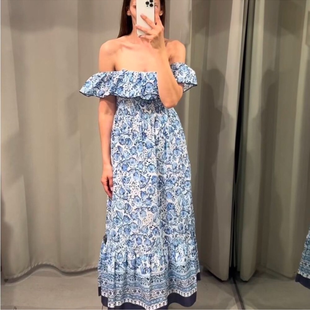 ZARA FLORAL PRINT OFF THE SHOULDER DRESS - Picture 12 of 12